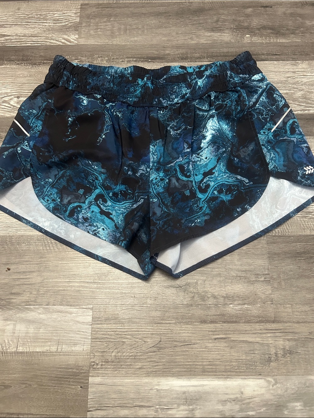 all in motion Women's Teal Marble-Print Athletic Shorts with Black Accents